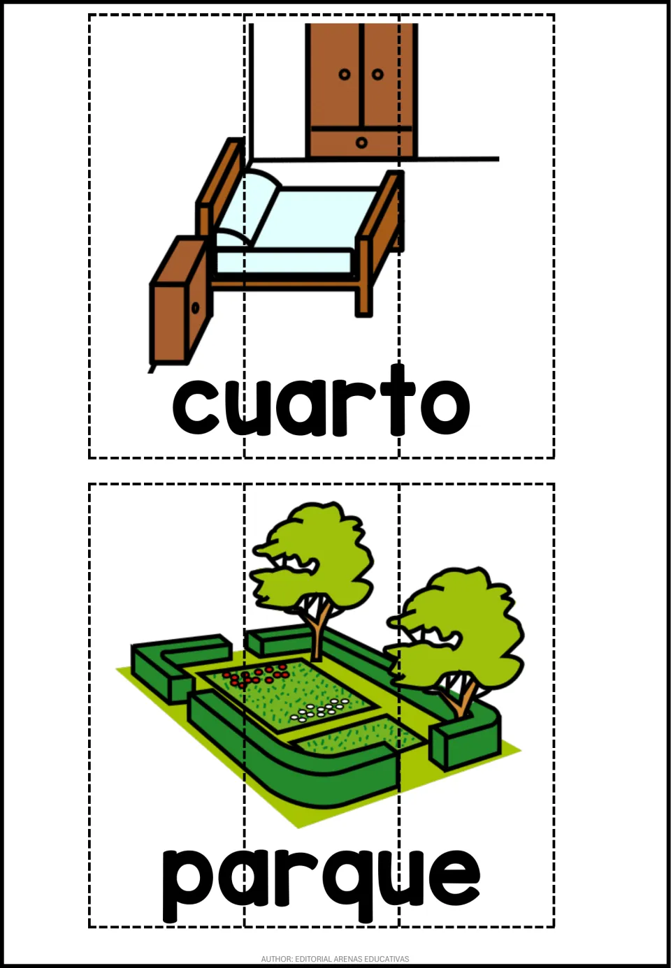 Spanish places puzzle sheet: cuarto (room) and parque (park), illustrated with bedroom furniture and a garden