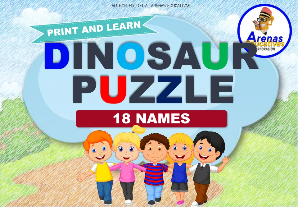 Dinosaur Puzzle cover: Print and Learn set of 18 dinosaur names, shown with five cartoon children walking arm in arm