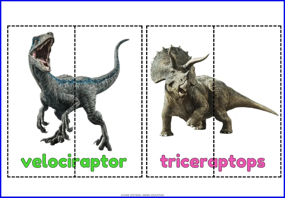 Dinosaur puzzles: velociraptor and triceratops (labeled triceraptops) photos with names, each cut in two halves to rejoin