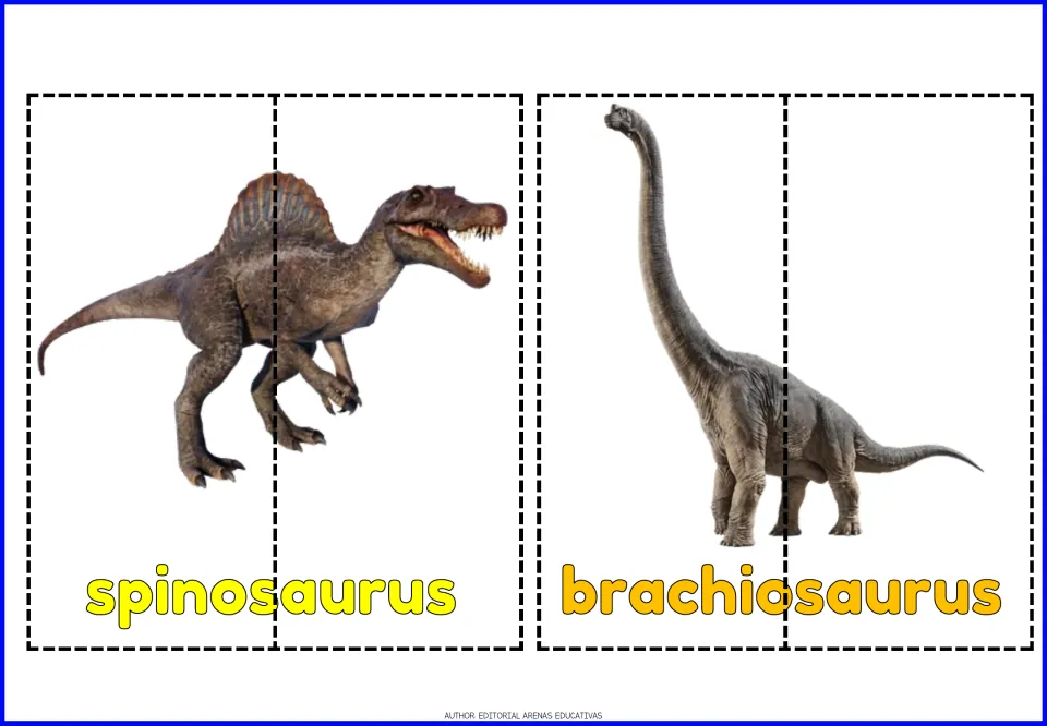 Spinosaurus and brachiosaurus puzzles: students cut each dinosaur picture and its name in half, then match the pieces