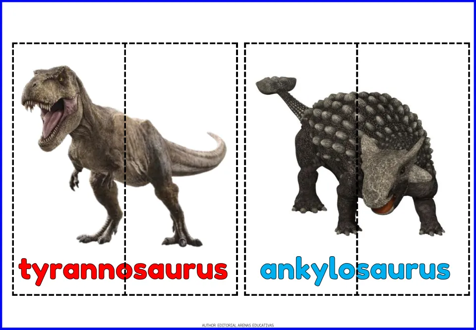 Tyrannosaurus and ankylosaurus puzzles: two-piece picture cards where students rebuild each dinosaur and spell its name