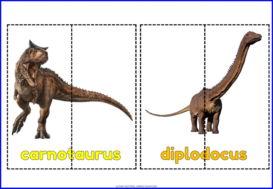 Carnotaurus and diplodocus puzzles: students join the two halves of each dinosaur image so the full name reads correctly
