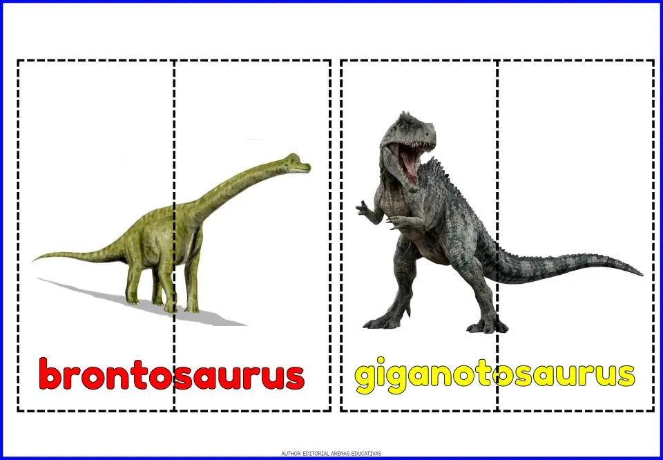 Brontosaurus and giganotosaurus puzzles: each dinosaur photo and name splits into two pieces for students to match
