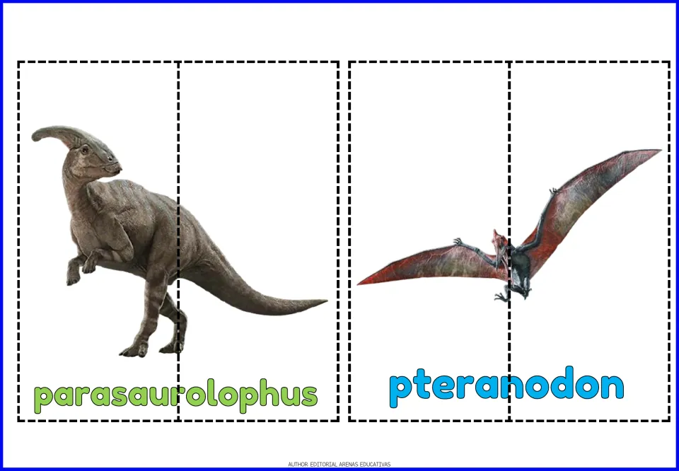Parasaurolophus and pteranodon puzzles: students match the halves of a crested dinosaur and a flying reptile with names