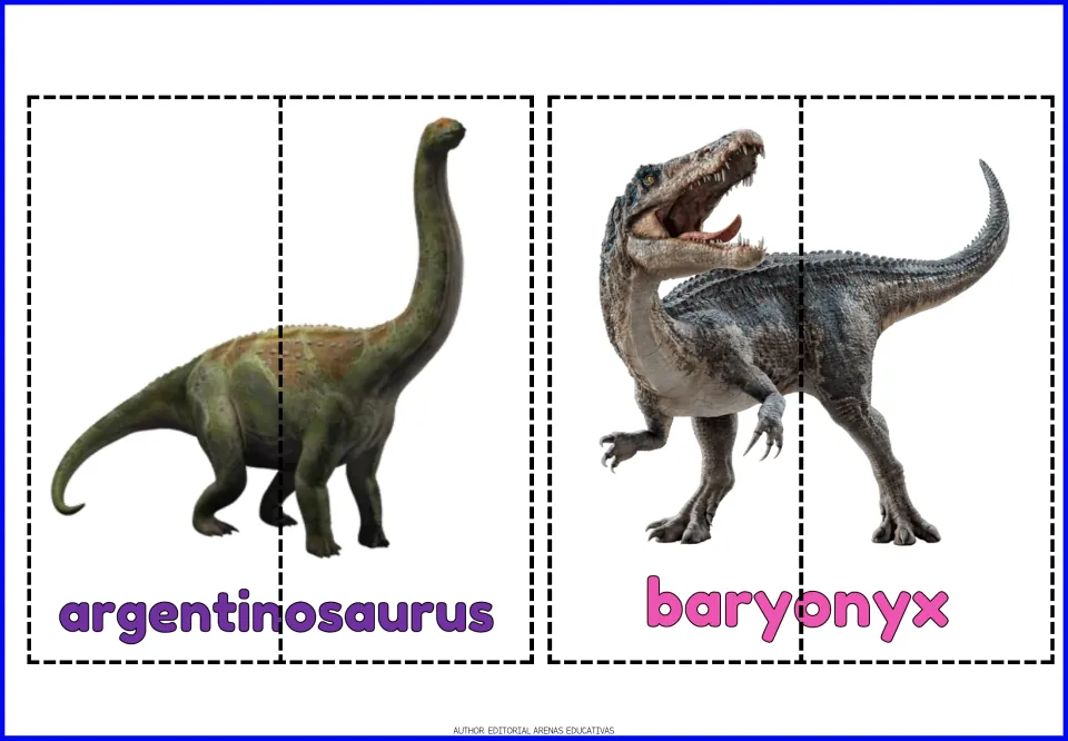 Argentinosaurus and baryonyx puzzles: two-part dinosaur picture cards students cut out and reassemble to read each name