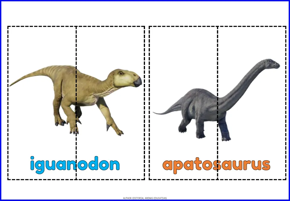Iguanodon and apatosaurus puzzles: students cut each dinosaur card into two pieces and match them to complete the name