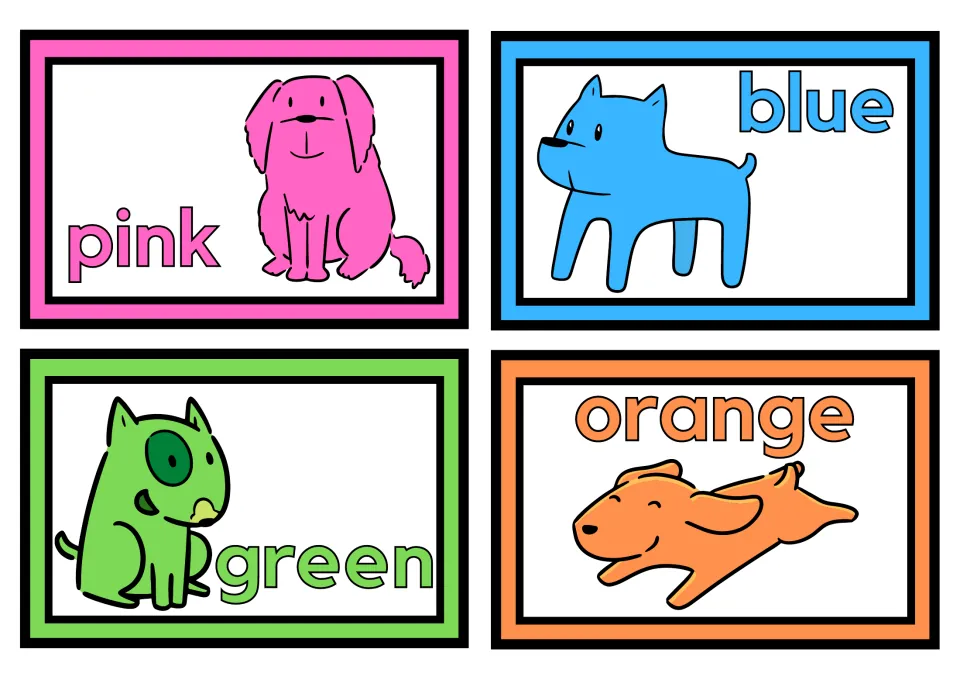 Small dog color posters, four per sheet: pink, blue, green, and orange, each labeled with its color word