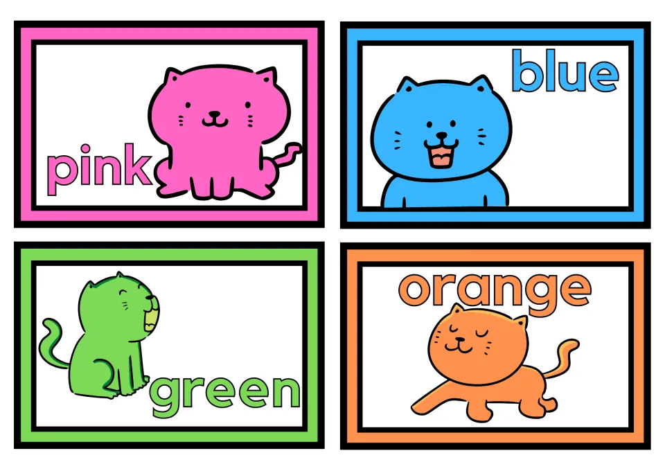 Small cat color posters, four per sheet: pink, blue, green, and orange, each labeled with its color word