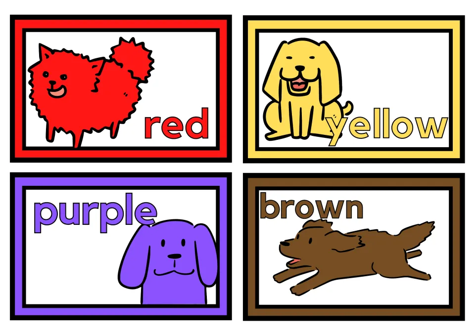 Small dog color posters, four per sheet: red, yellow, purple, and brown, each labeled with its color word
