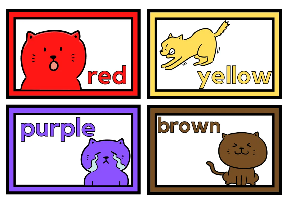 Small cat color posters, four per sheet: red, yellow, purple, and brown, each labeled with its color word