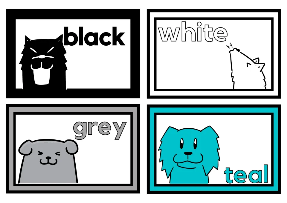 Small dog color posters, four per sheet: black, white, gray, and teal, each labeled with its color word