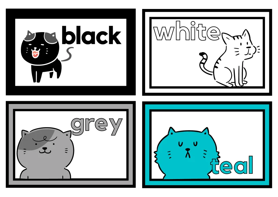Small cat color posters, four per sheet: black, white, gray, and teal, each labeled with its color word