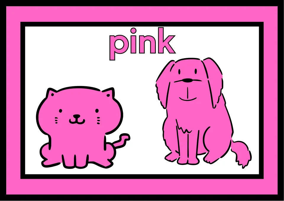 Large pink color poster pairing a pink cat and dog beneath the word pink, with one poster on the sheet