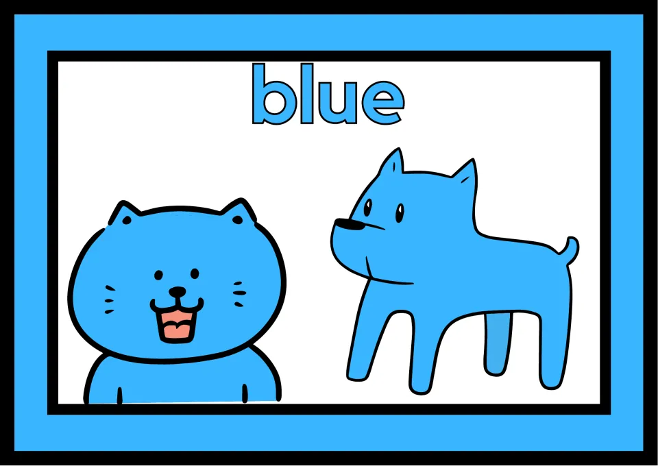 Large blue color poster pairing a blue cat and dog beneath the word blue, with one poster on the sheet