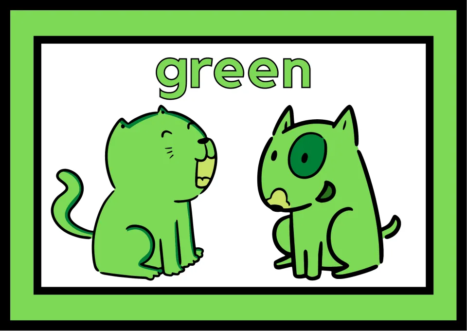 Large green color poster pairing a green cat and dog beneath the word green, with one poster on the sheet