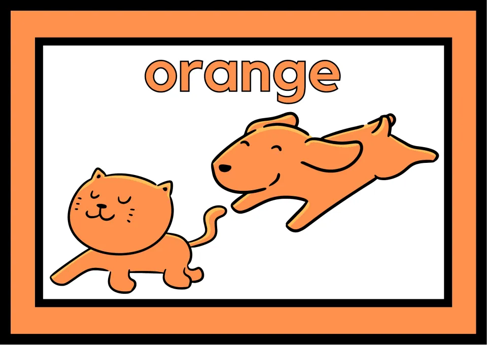 Large orange color poster pairing an orange cat and dog beneath the word orange, one poster on the sheet
