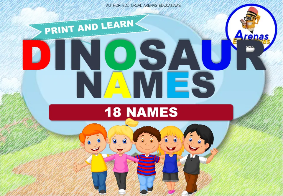 Cover of the dinosaur vocabulary flashcard set, headed 'Dinosaur Names' and '18 Names' with 'Print and Learn'.