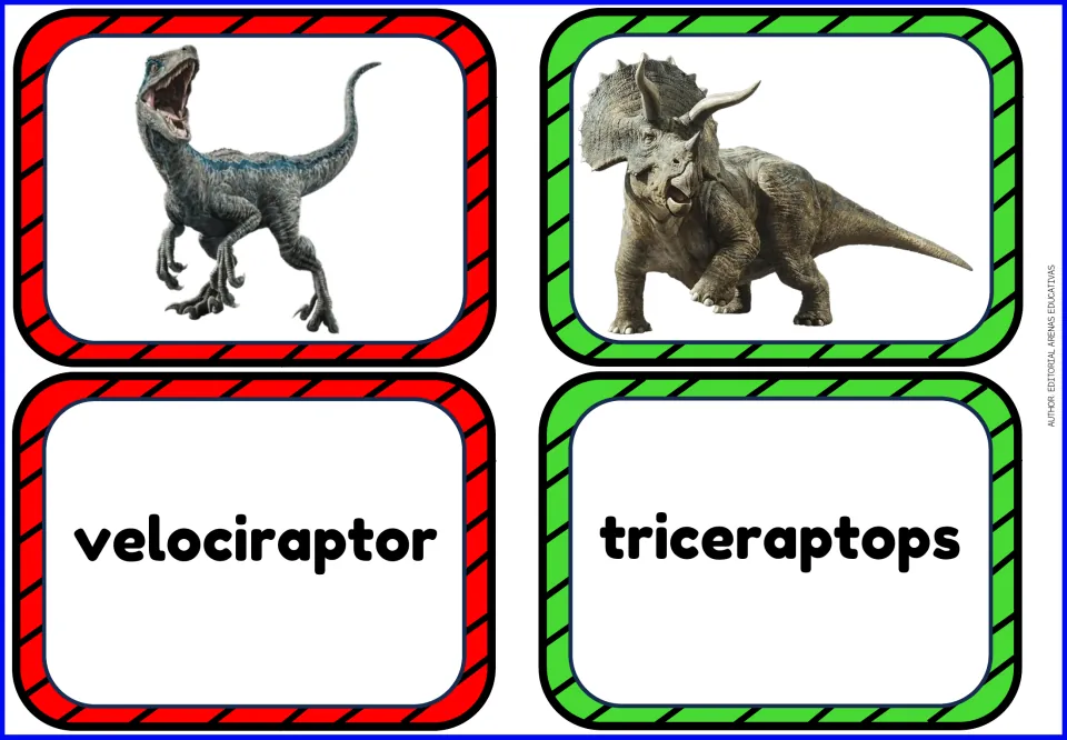 Dinosaur vocabulary flashcards: separate picture and name cards for velociraptor and triceratops.