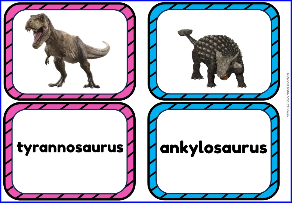 Dinosaur vocabulary flashcards: separate picture and name cards for tyrannosaurus and ankylosaurus.