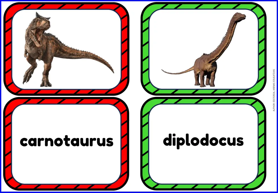 Dinosaur vocabulary flashcards: separate picture and name cards for carnotaurus and diplodocus.