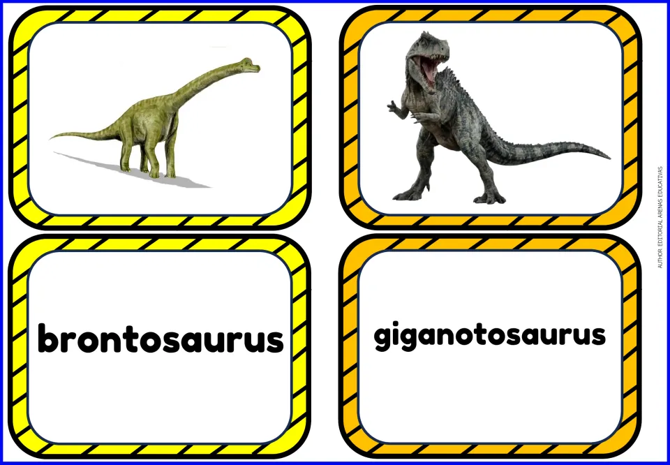 Dinosaur vocabulary flashcards: separate picture and name cards for brontosaurus and giganotosaurus.