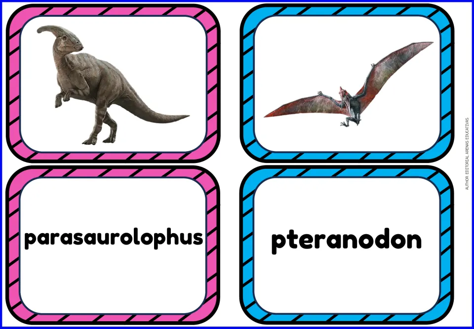 Dinosaur vocabulary flashcards: separate picture and name cards for parasaurolophus and pteranodon.