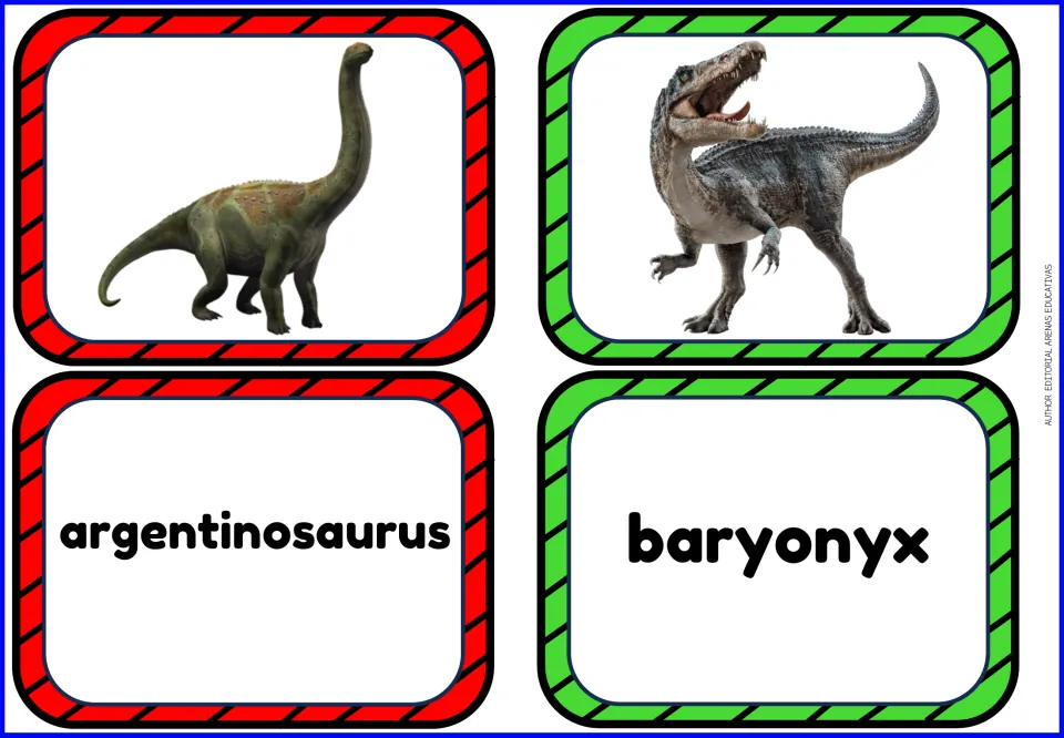 Dinosaur vocabulary flashcards: separate picture and name cards for argentinosaurus and baryonyx.