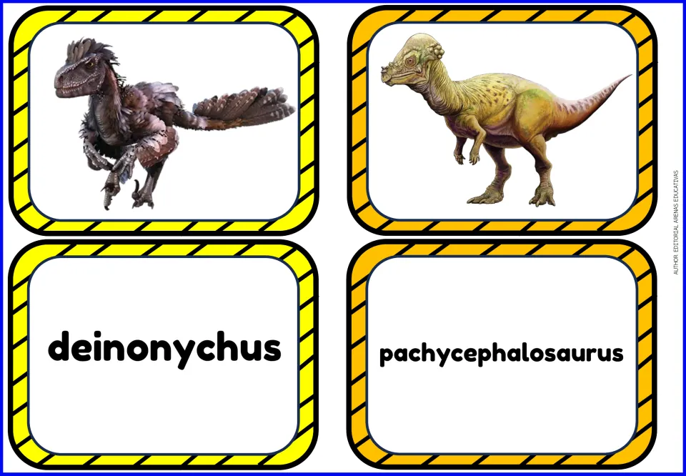 Dinosaur vocabulary flashcards: separate picture and name cards for deinonychus and pachycephalosaurus.
