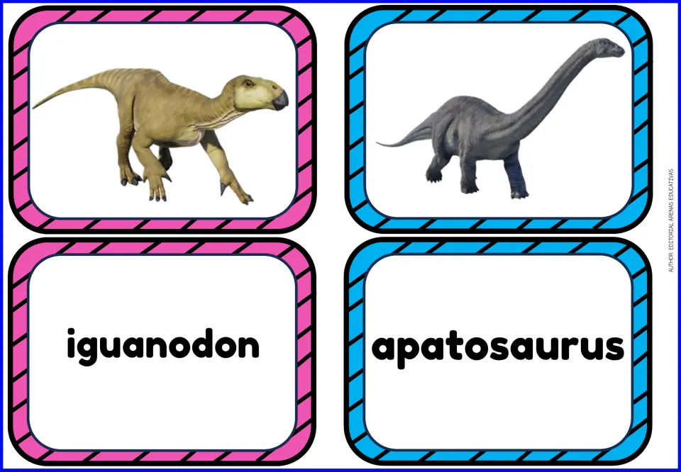 Dinosaur vocabulary flashcards: separate picture and name cards for iguanodon and apatosaurus.