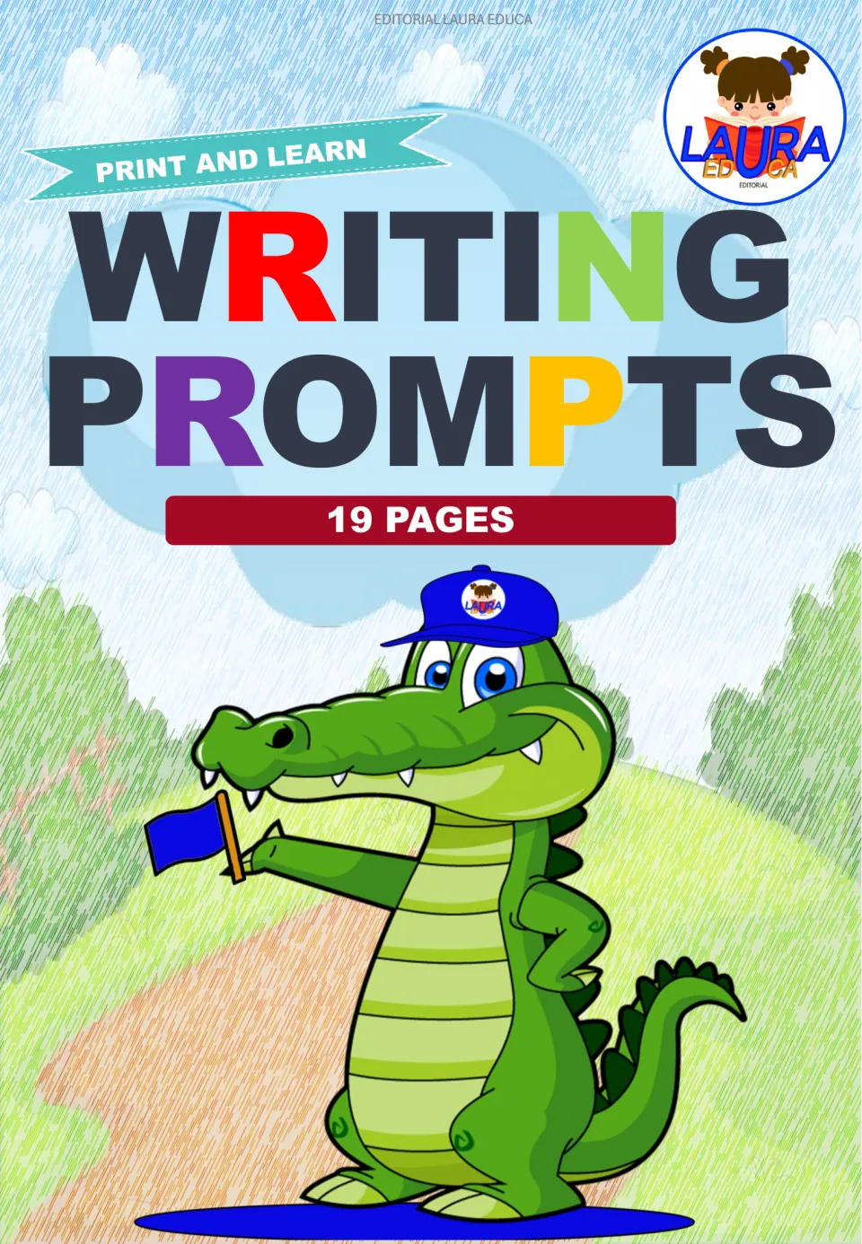 Cover of the creative writing resource labeled 'Writing Prompts,' 'Print and Learn,' and '19 Pages'