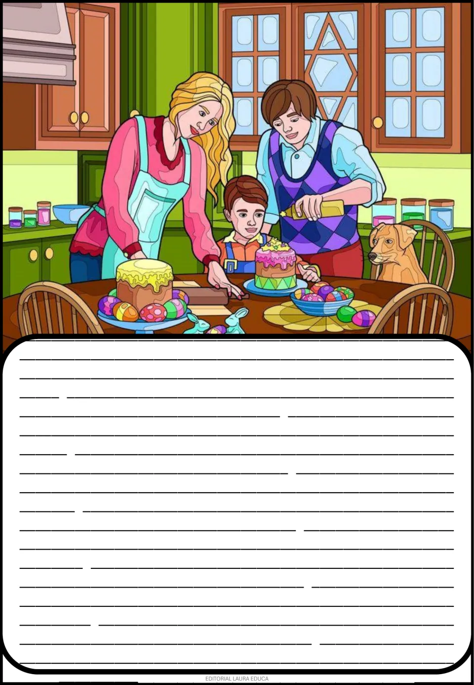 Creative story picture prompt showing a family decorating cakes beside colorful eggs and a dog in a kitchen