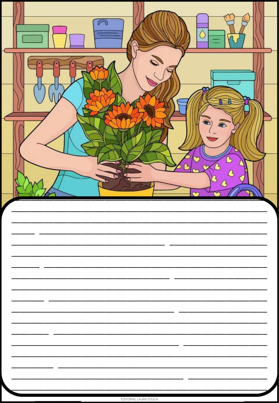 Creative story picture prompt showing a woman and a girl planting orange flowers in a pot near garden tools