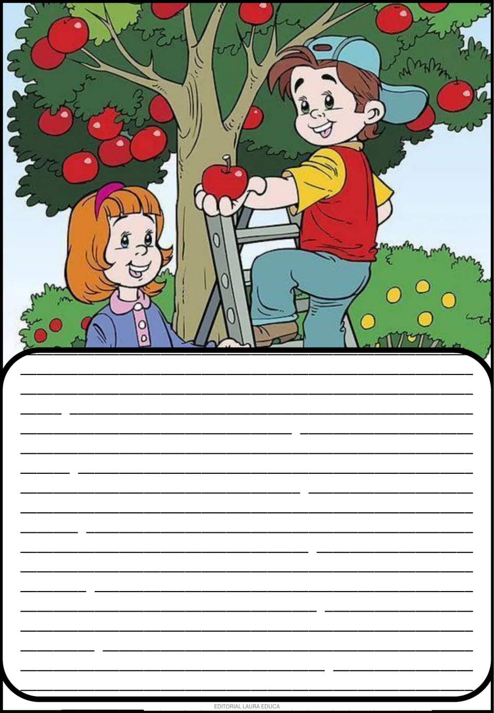 Creative story picture prompt showing a boy on a ladder holding a red apple while a girl stands by the tree