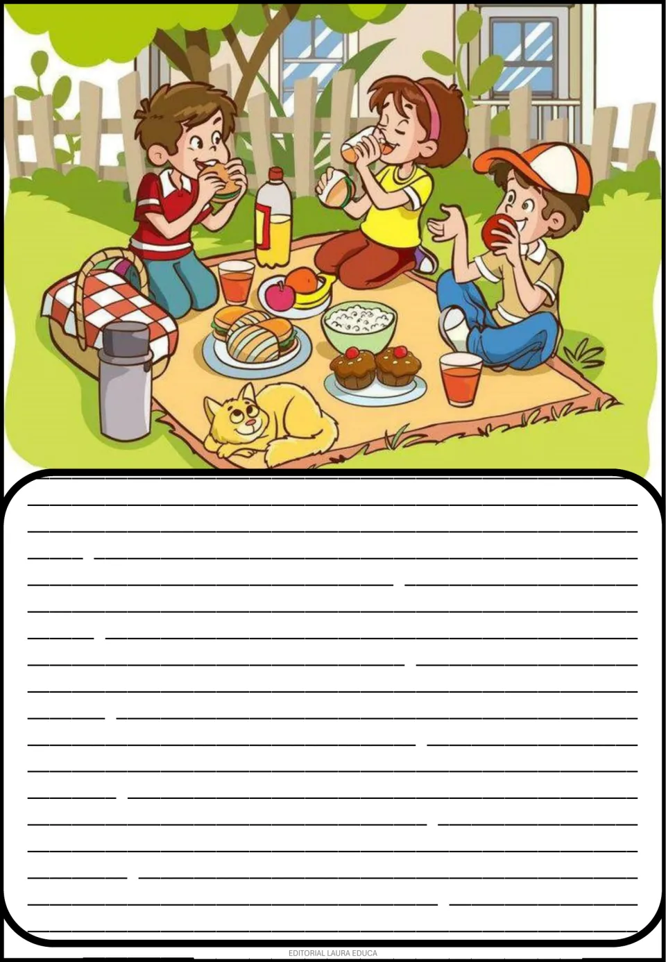 Creative story picture prompt showing three children eating at an outdoor picnic with a cat beside their food