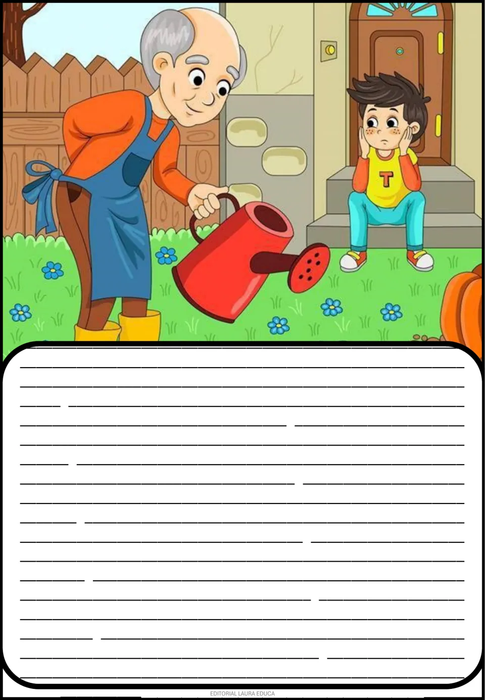 Creative story picture prompt showing an older man holding a watering can while a boy sits on the steps