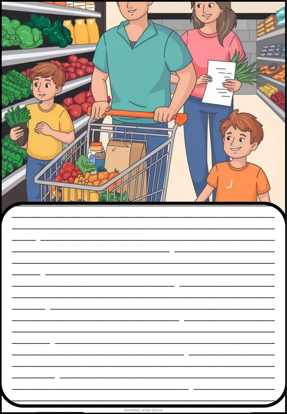 Creative story picture prompt showing a family grocery shopping with a cart, a shopping list, and vegetables