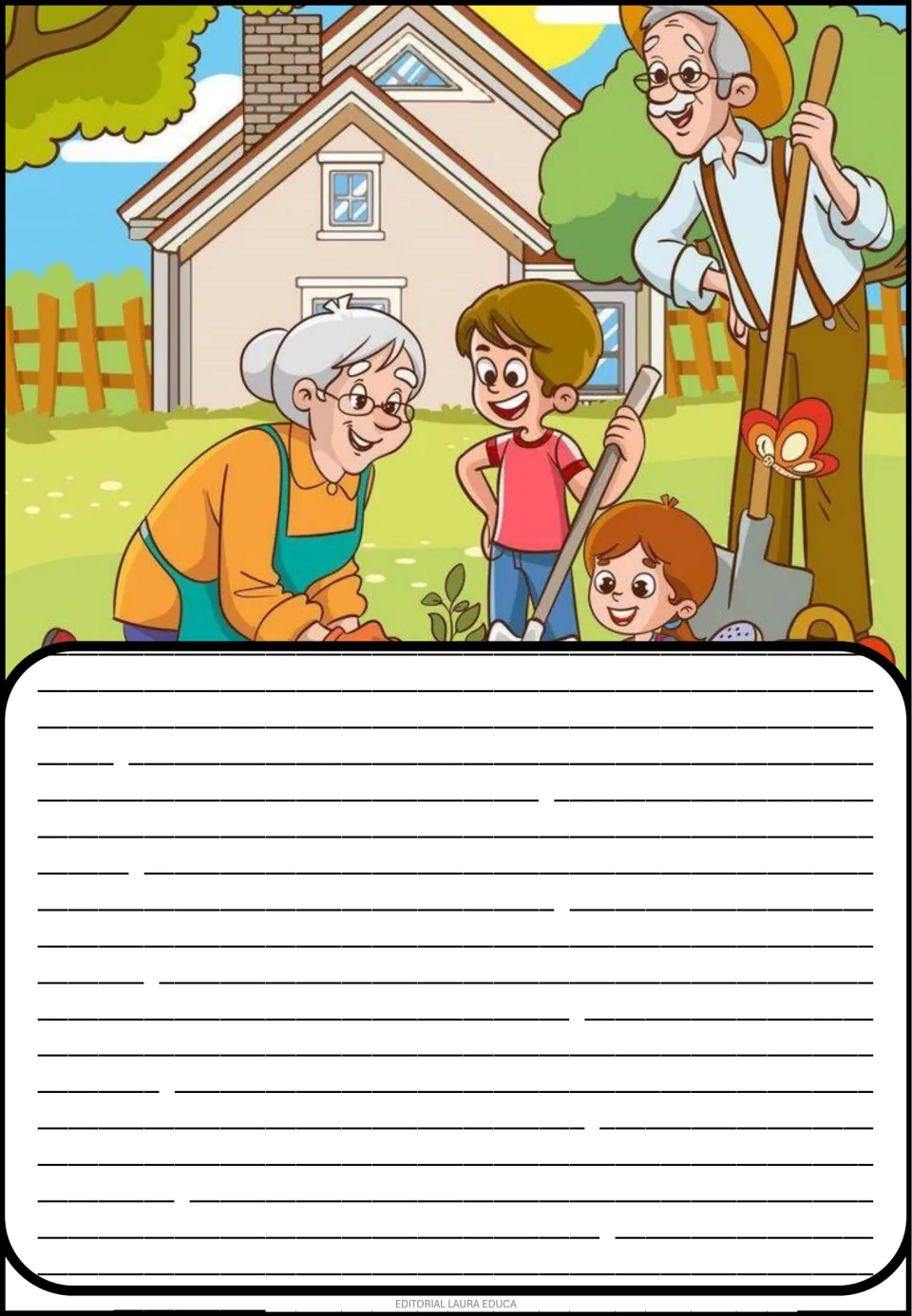 Creative story picture prompt showing two older adults and two children gardening together outside a house