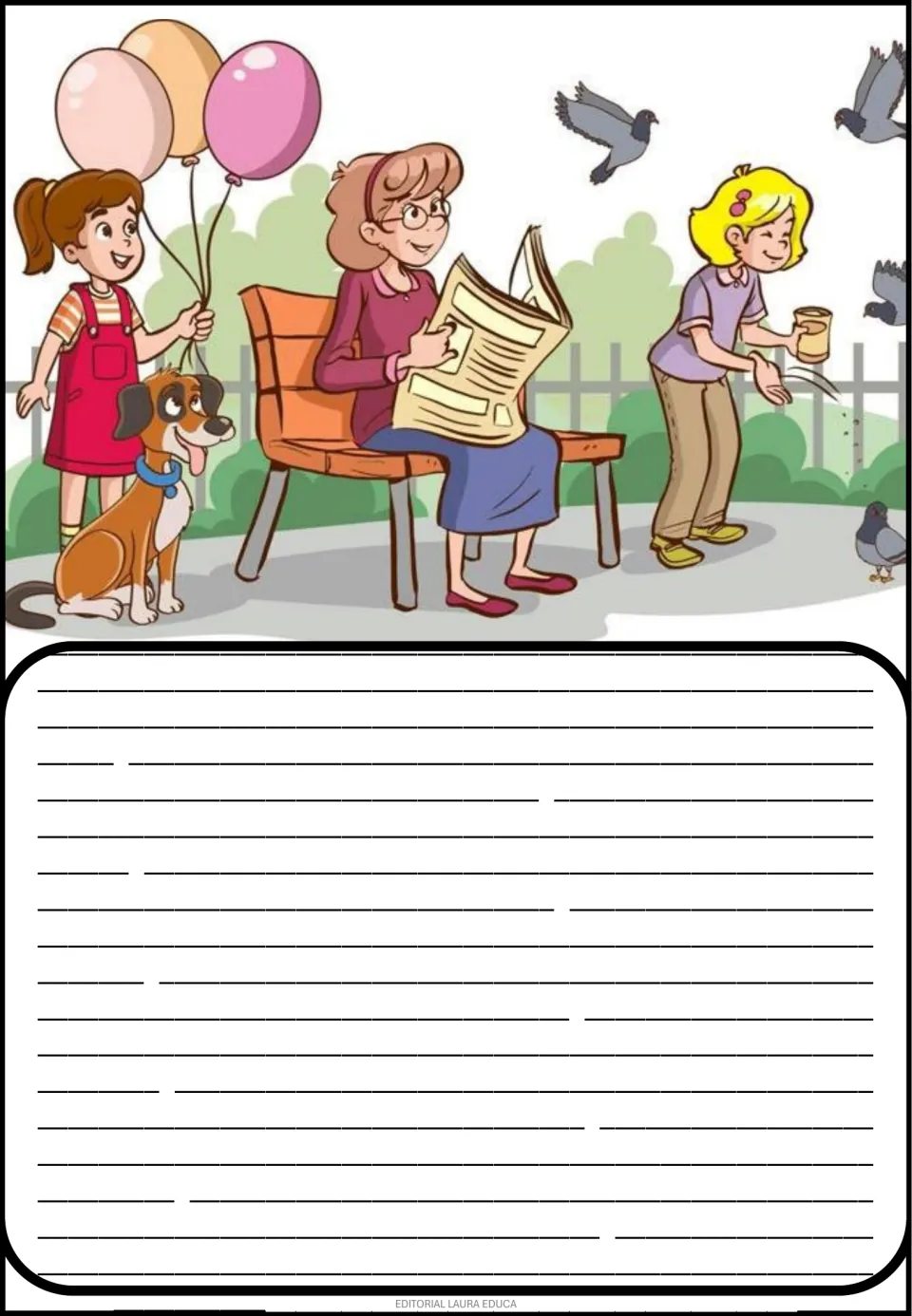 Creative story picture prompt showing a woman reading on a bench, a girl with balloons, and a girl feeding birds