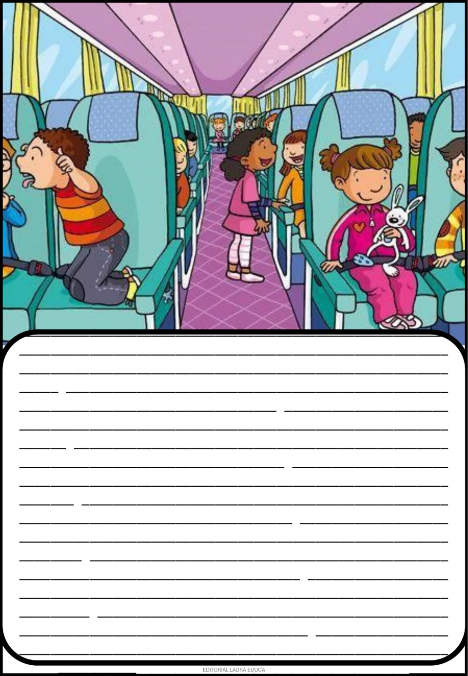 Creative story picture prompt showing children traveling on a bus, including a seated girl holding a toy rabbit