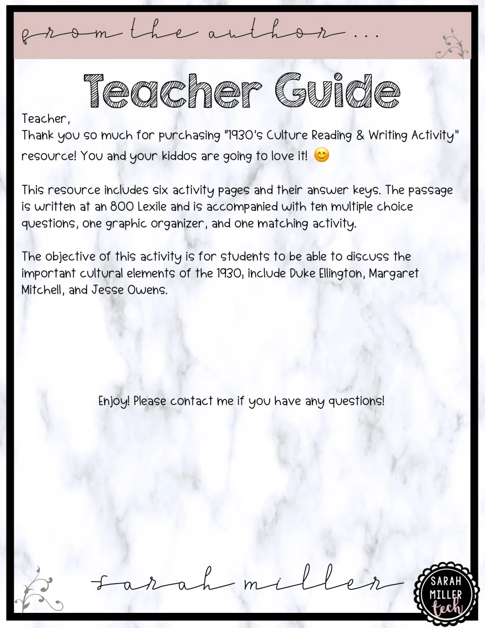 Teacher guide note: six activity pages with keys, an 800 Lexile passage, 10 multiple-choice items, organizer and matching