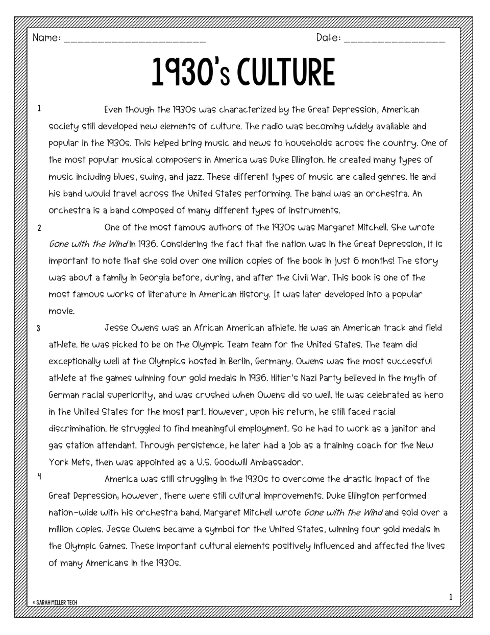 1930s culture reading passage: paragraphs on radio, Duke Ellington, Margaret Mitchell's Gone with the Wind and Jesse Owens