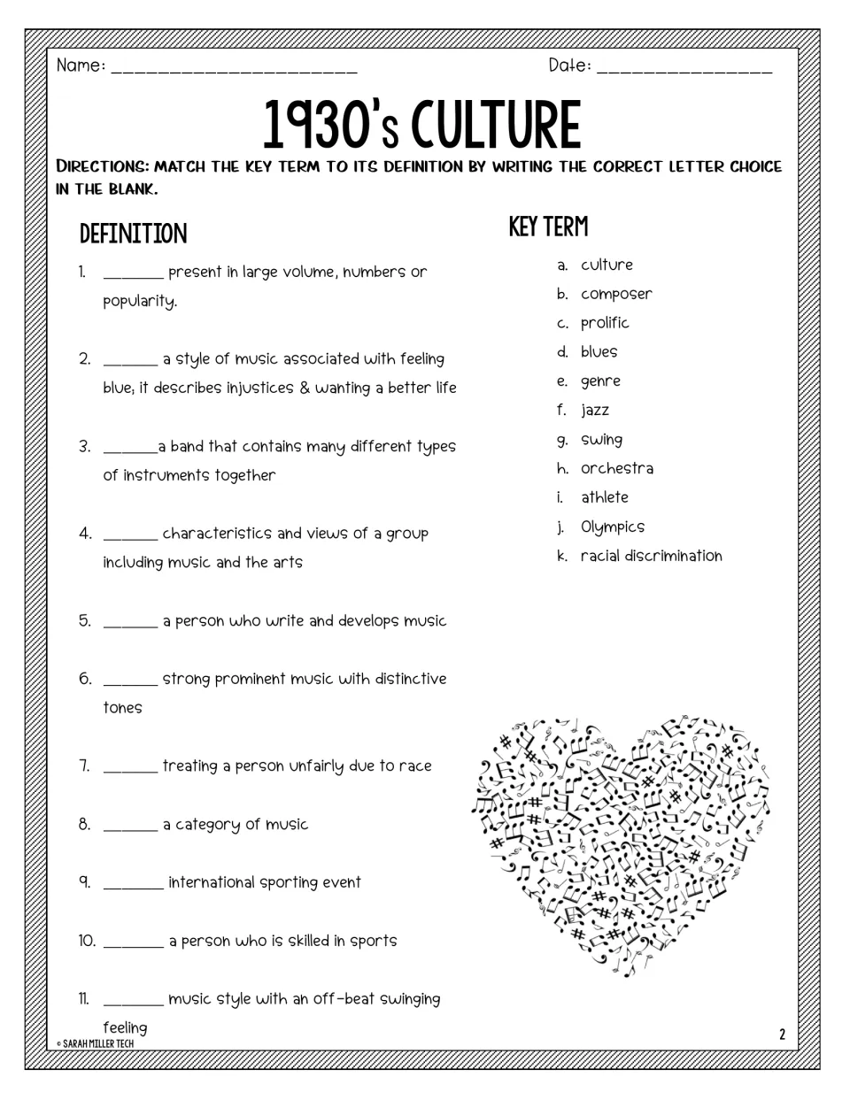 1930s vocabulary: students match 11 definitions to key terms like prolific, genre, orchestra and racial discrimination