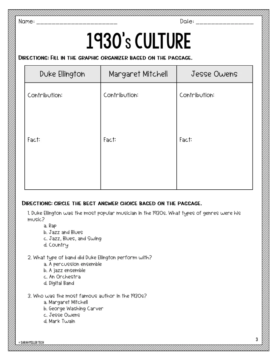 Ellington, Mitchell and Owens organizer: students note each person's contribution and a fact, then answer 3 questions