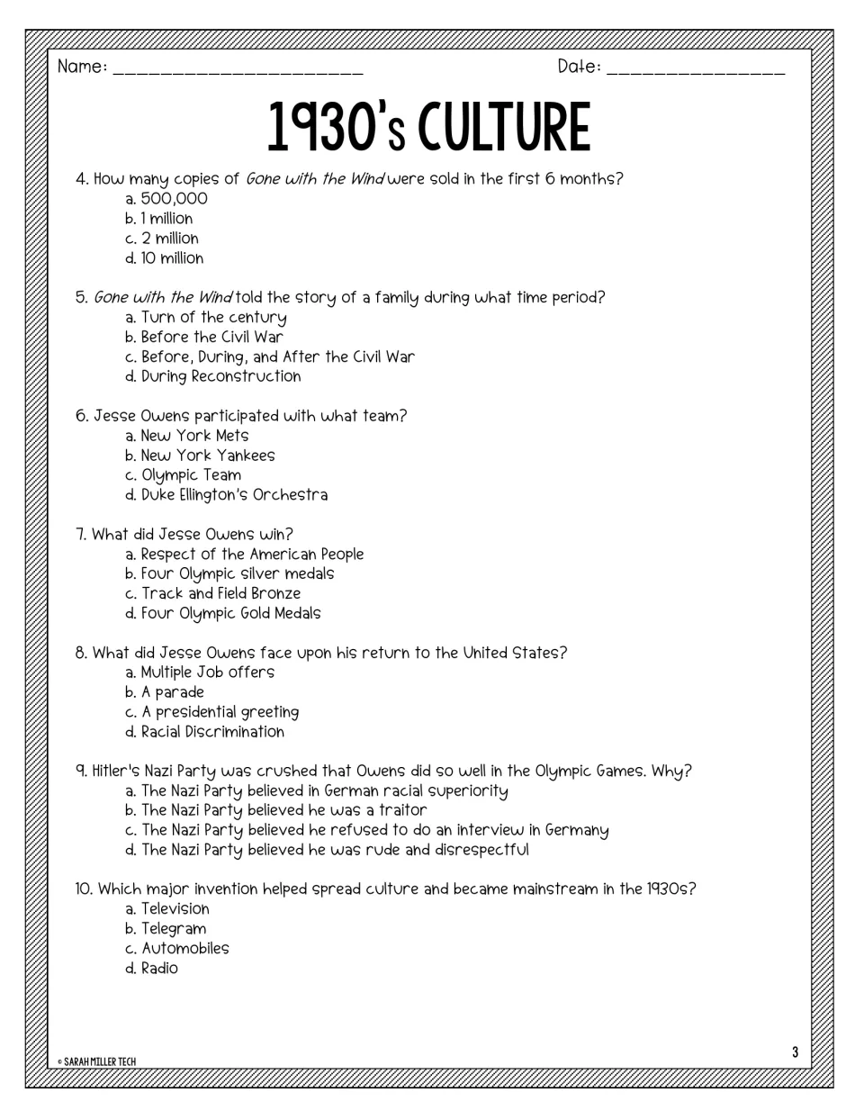 Comprehension questions 4-10: multiple choice on Gone with the Wind sales, Jesse Owens's medals, Nazi views and radio