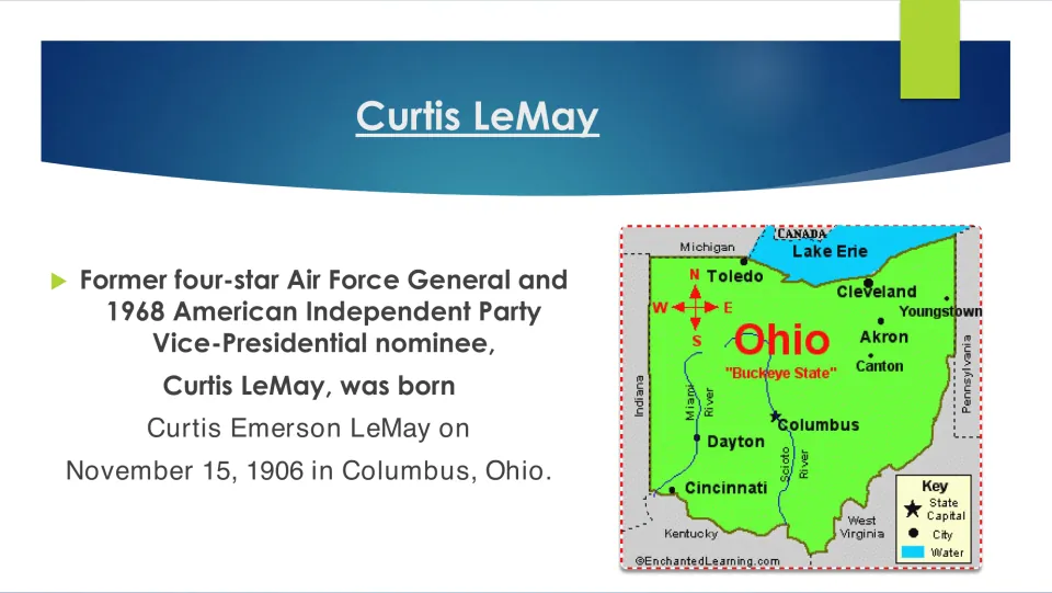 Biography slide introducing LeMay’s 1968 VP nomination and November 15, 1906, birth in Columbus, Ohio