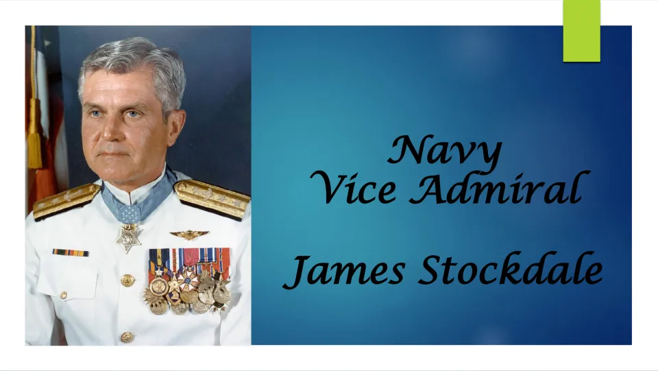 Biography cover introducing Navy Vice Admiral James Stockdale, with his portrait in a decorated uniform