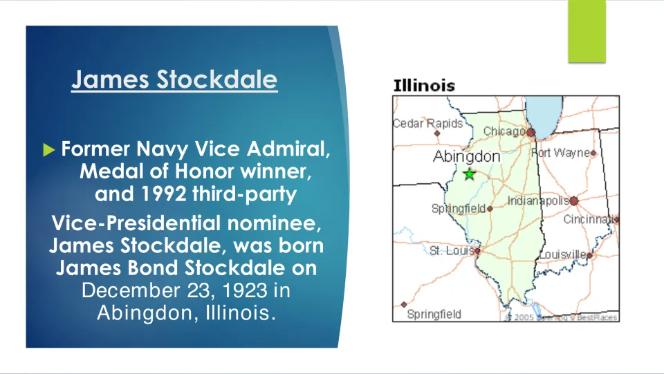 Biography slide identifying Stockdale’s birthplace as Abingdon, Illinois, and birth date as December 23, 1923
