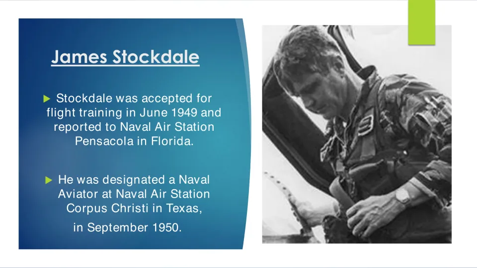 Biography slide tracing Stockdale’s flight training in June 1949 to naval aviator designation in September 1950