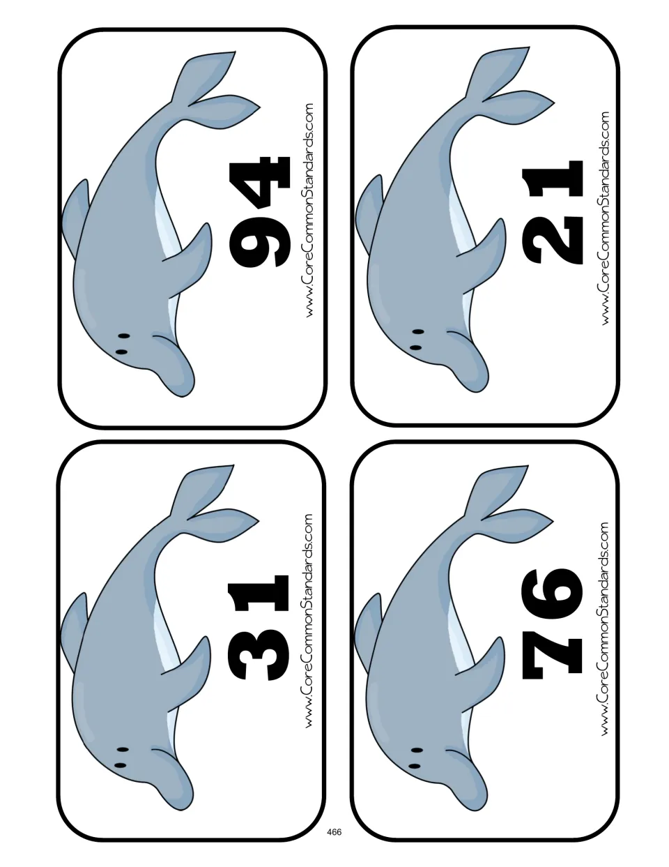 First sheet of four number cards: 31, 94, 76, and 21, for comparing numbers and sorting above or below 50