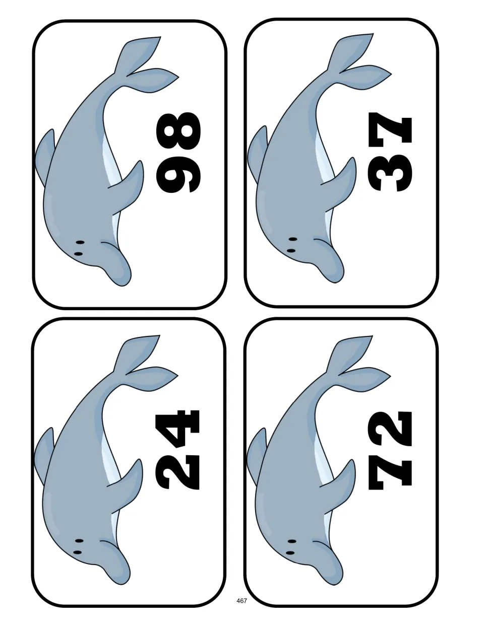 Second sheet of four number cards: 24, 98, 72, and 37, for comparing numbers and sorting above or below 50
